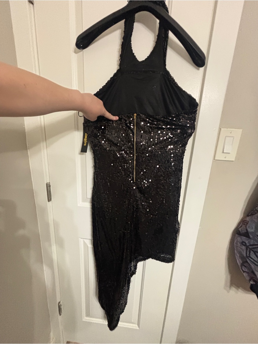 G BY GUESS Empire Fox Capsule Collection Black Sequin Asymmetrical Halter Dress - Picture 2 of 8